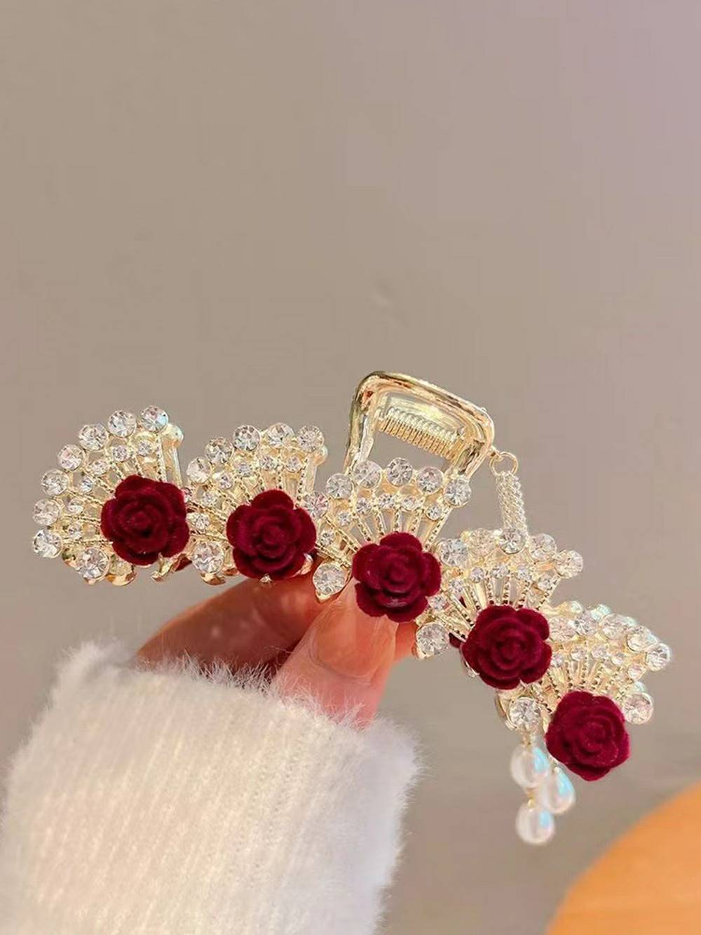 Red Rose Hair Clip with Tassel Shark Clip