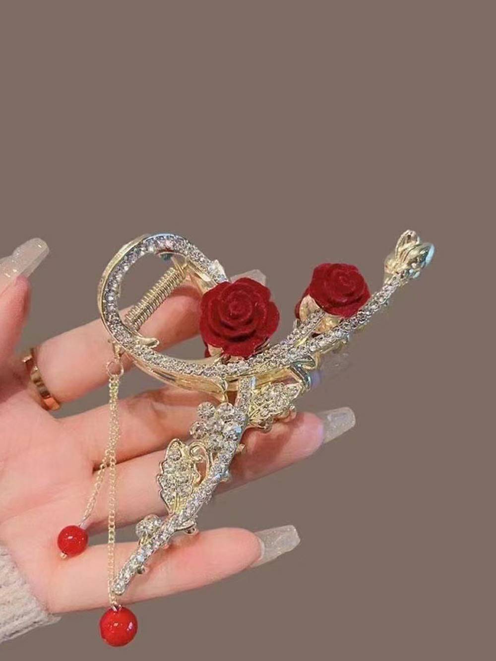 Red Rose Hair Clip with Tassel Shark Clip