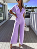 V Neck Mousseline Flutter Sleeve Jumpsuit In Lilas