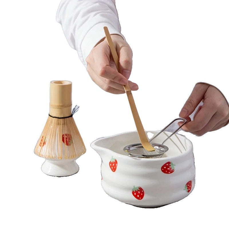Japanese Strawberry Matcha Bowl Set with Whisk – Cute Ceramic Tea Bowl for Authentic Matcha Experience