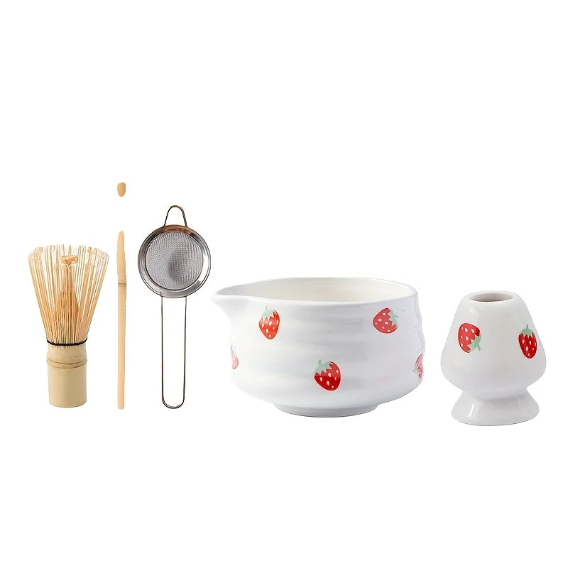 Japanese Strawberry Matcha Bowl Set with Whisk – Cute Ceramic Tea Bowl for Authentic Matcha Experience