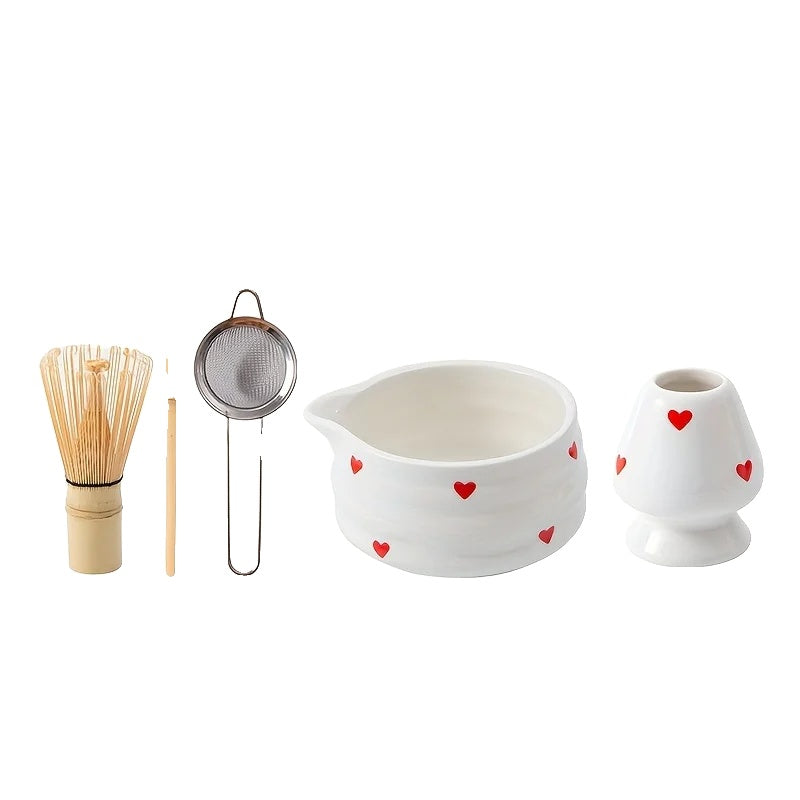 Heart-Shaped Japanese Matcha Bowl Set with Whisk – Authentic Tea Ceremony Tool for Matcha Preparation