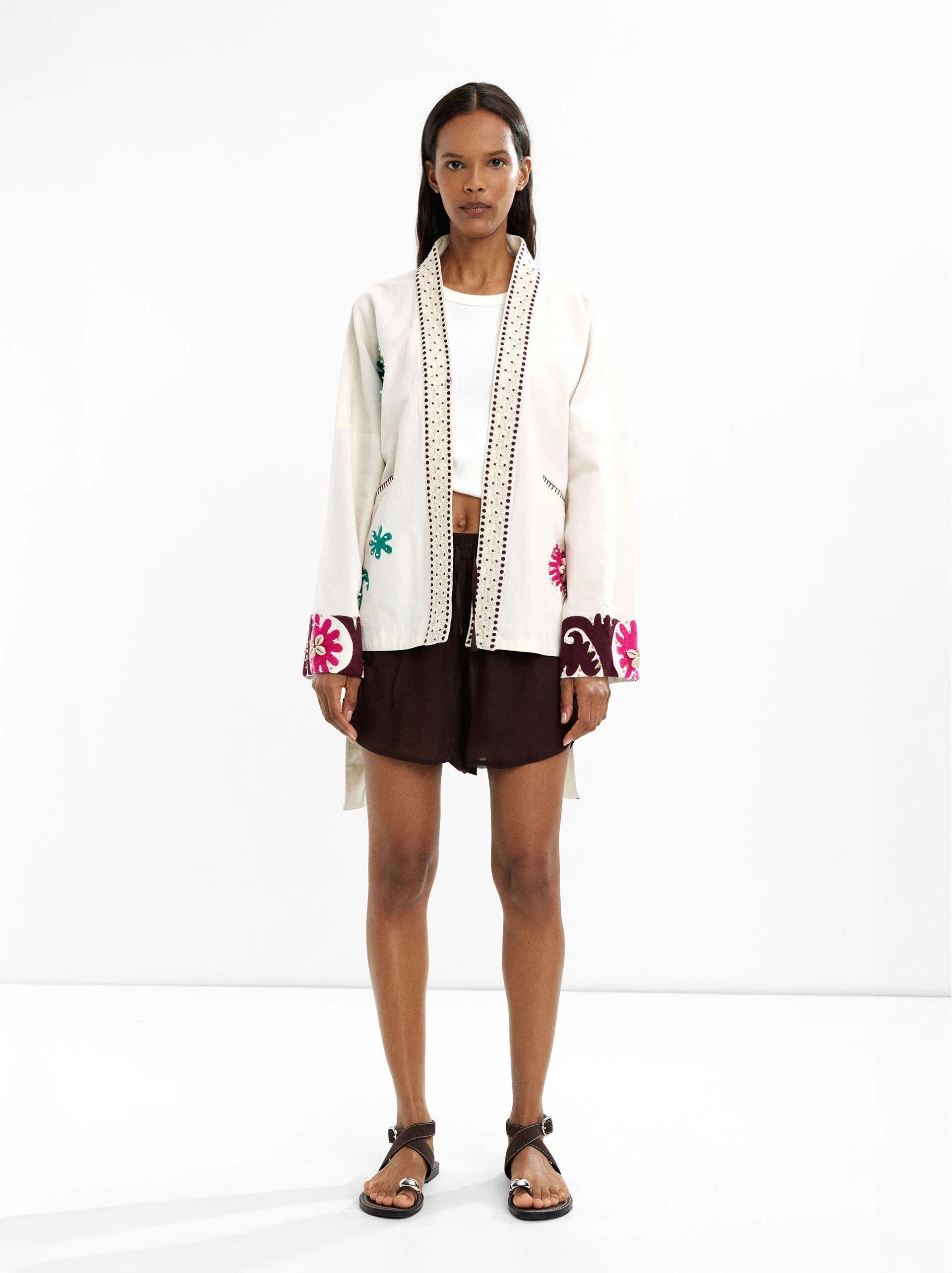 Embroidered Open-Front Coat