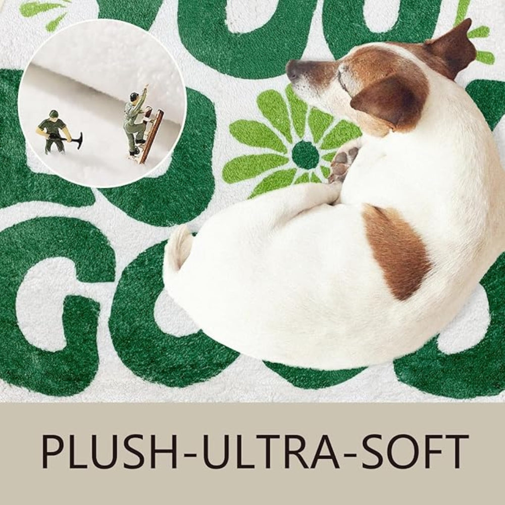 Green and white bathroom rug with retro text design ‘You Look Good’, soft absorbent bath mat with floral accent