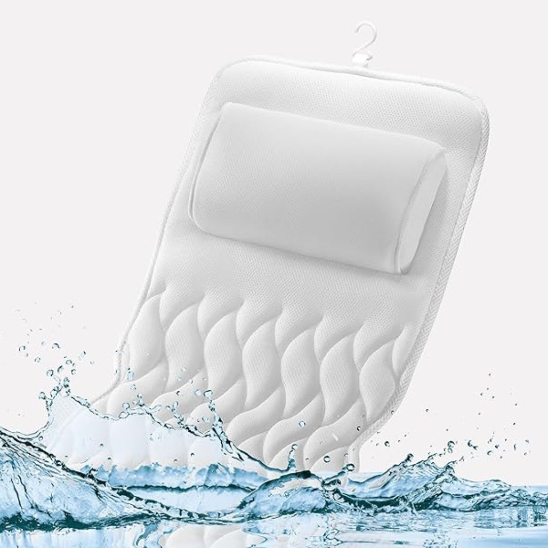 White padded bathtub mat with built-in pillow, full-length non-slip bath cushion for spa and tub comfort
