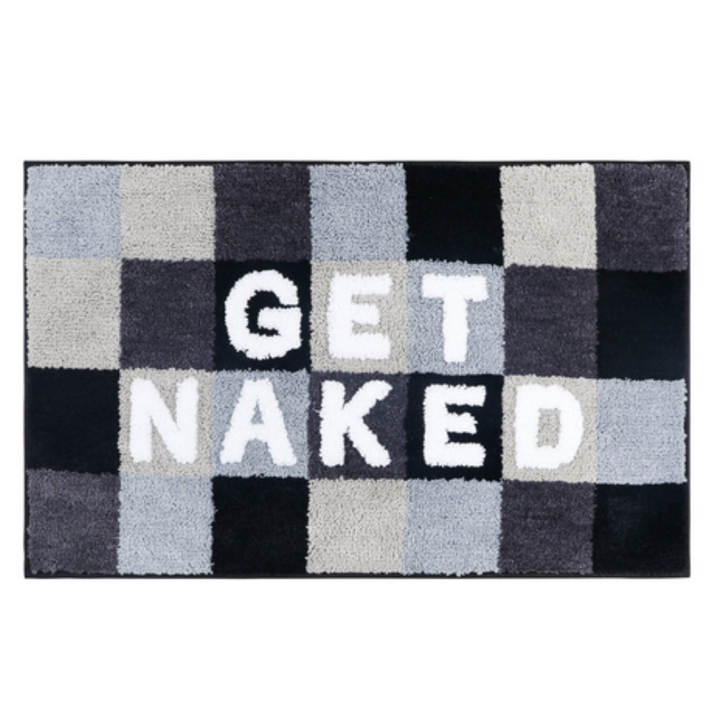Pink bath mat with bold red ‘Get Naked’ lettering, soft absorbent funny bathroom rug for modern decor