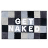 Pink bath mat with bold red ‘Get Naked’ lettering, soft absorbent funny bathroom rug for modern decor
