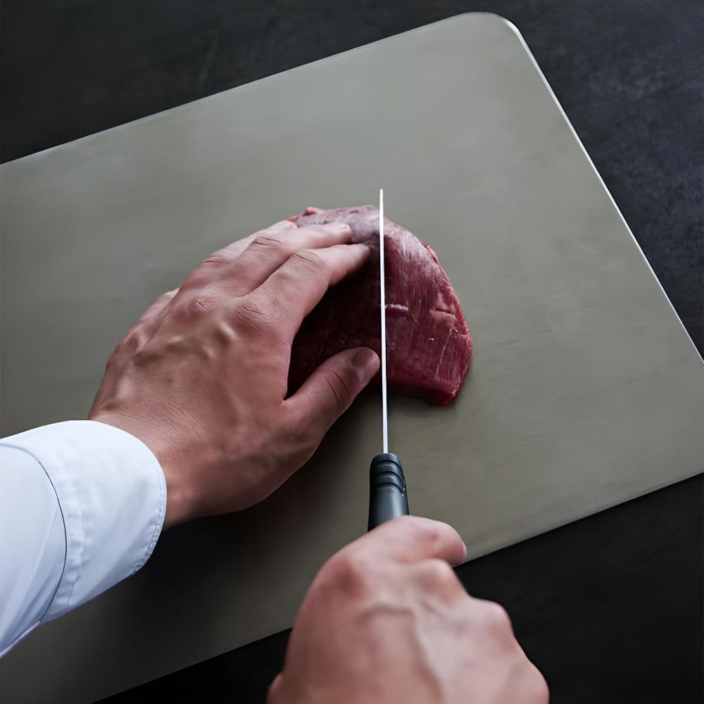 Stainless steel cutting board with handle, durable kitchen chopping board for meat, vegetables, and food prep