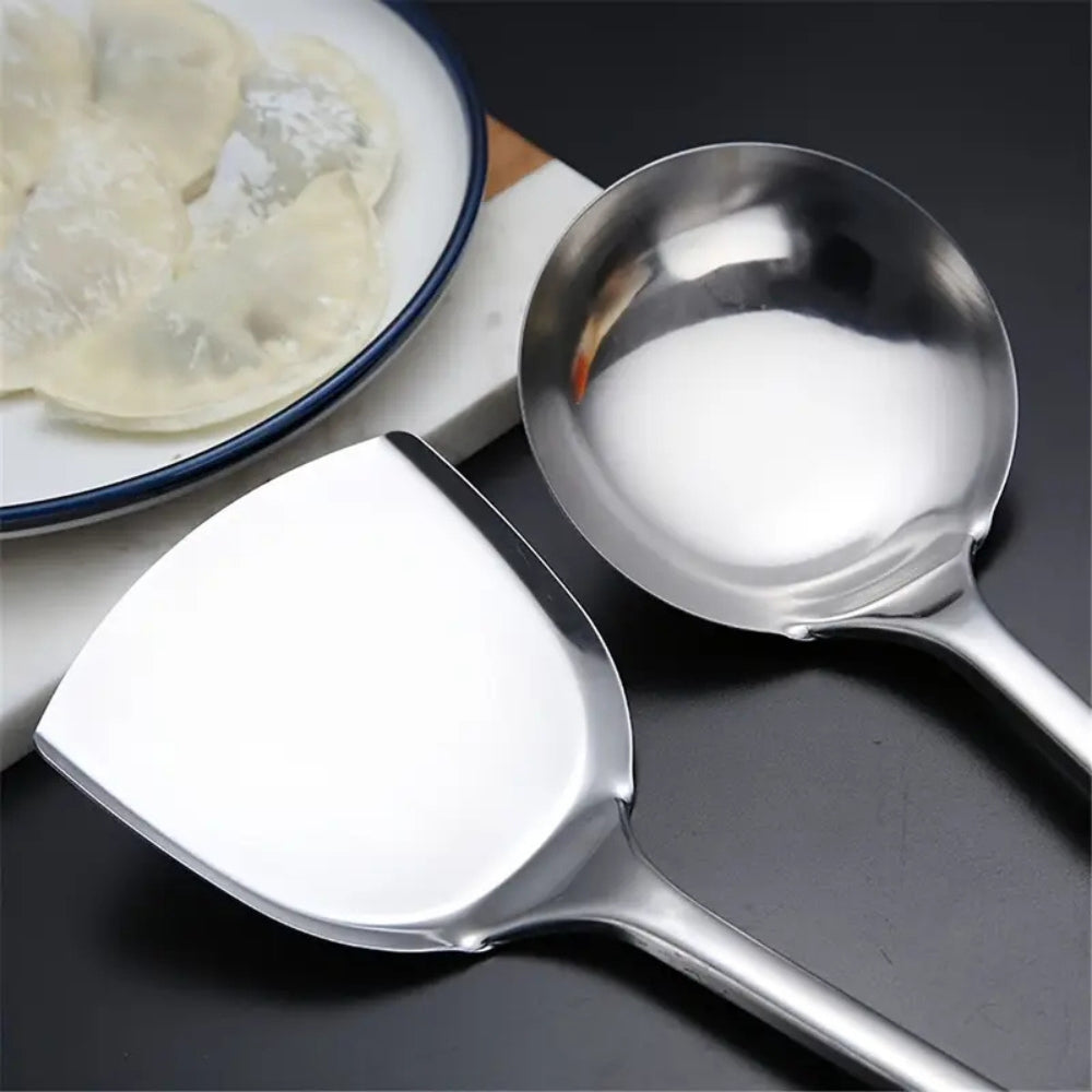 5-piece stainless steel kitchen utensil set with wok spatula, slotted spatula, ladle, skimmer, and serving spoon for cooking