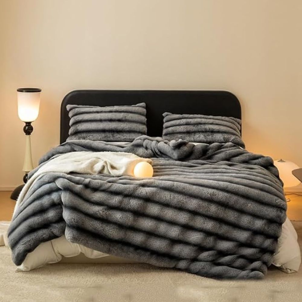 Ruched Faux Rabbit Fur Blanket