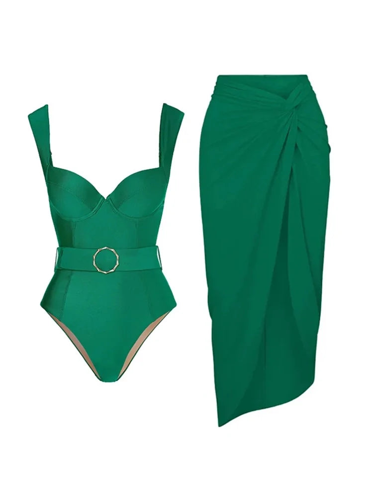 Solid Color Elegant One-Piece Swimsuit Set