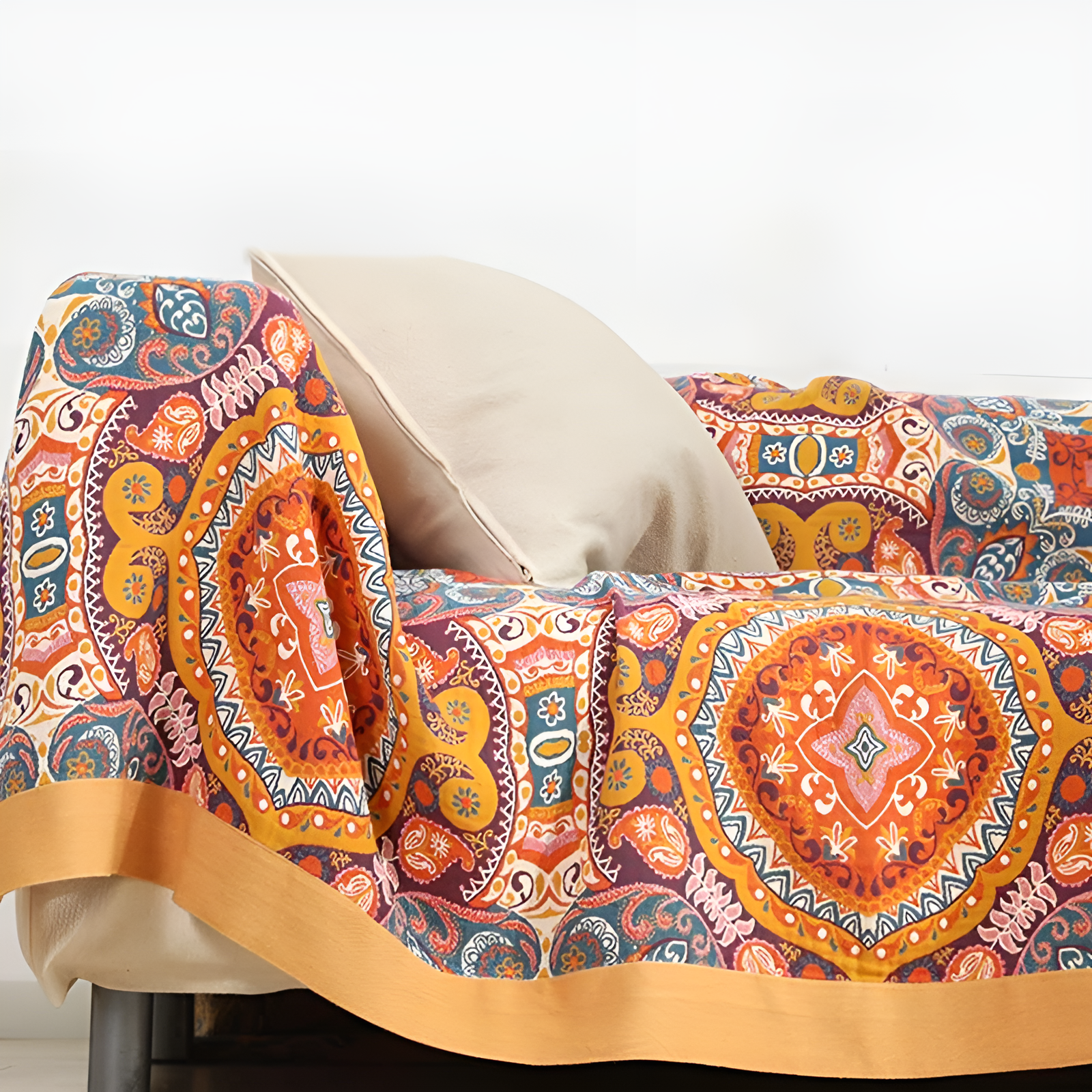 Bohemian patchwork quilt blanket with vibrant mandala and paisley patterns in orange, red, and blue – lightweight bedspread or throw