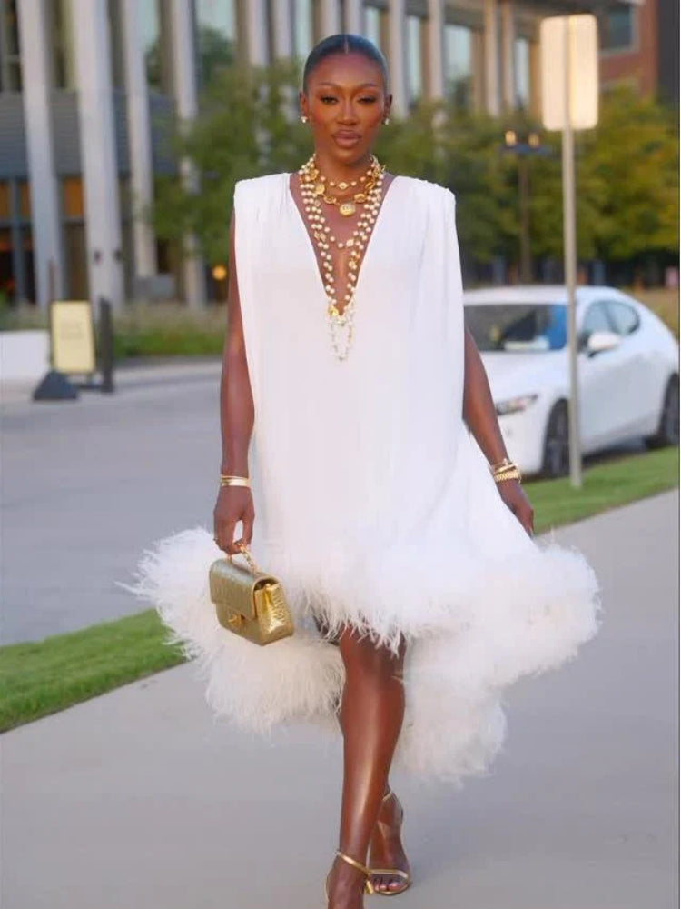 Elegant Sleeveless White Feather Patchwork Irregular Hem Midi Dress