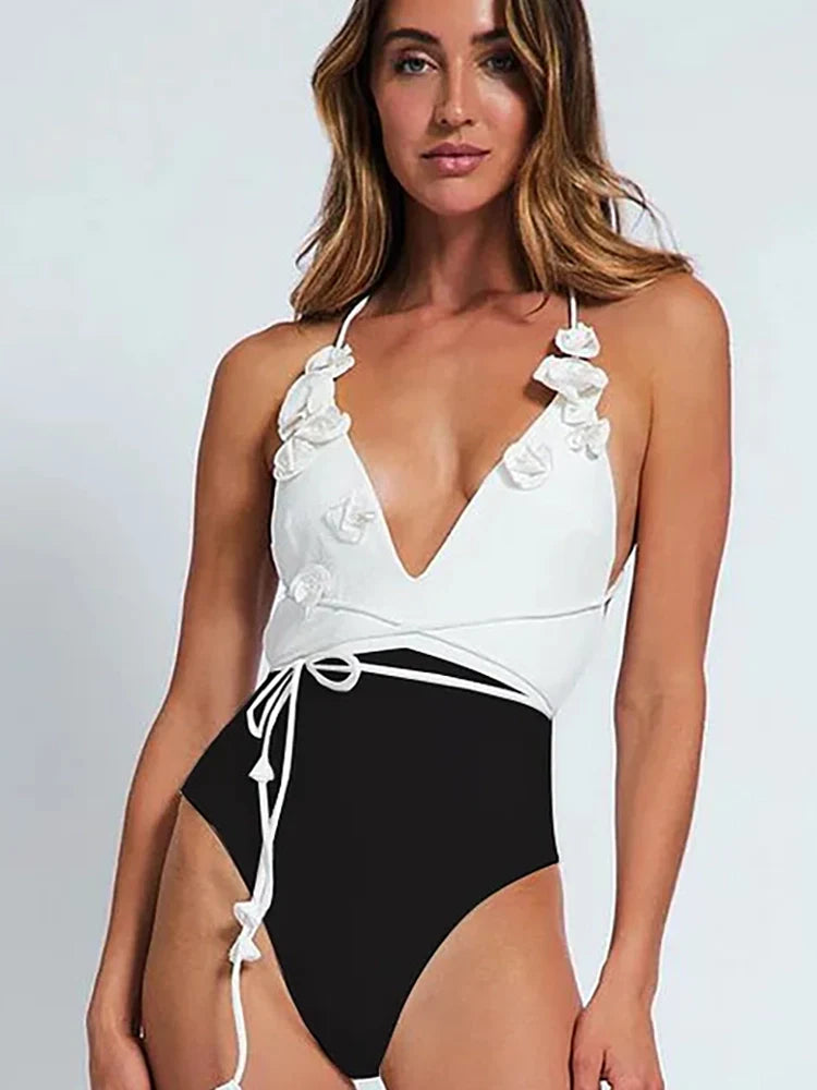 Halter Solid Color Floral Embellished Swimsuit