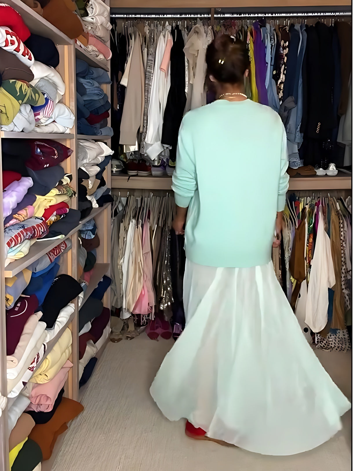 Mint Green Sweater with Cocktail Pattern & Sheer Tulle Maxi Skirt Outfit