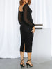 Mesh Pleated Long-Sleeve Midi Dress