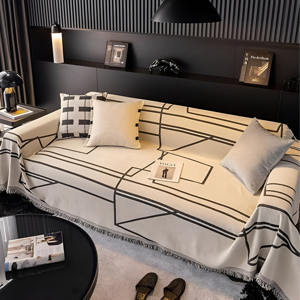 Black geometric sofa cover with white line pattern, modern couch throw for living room protection and home decor