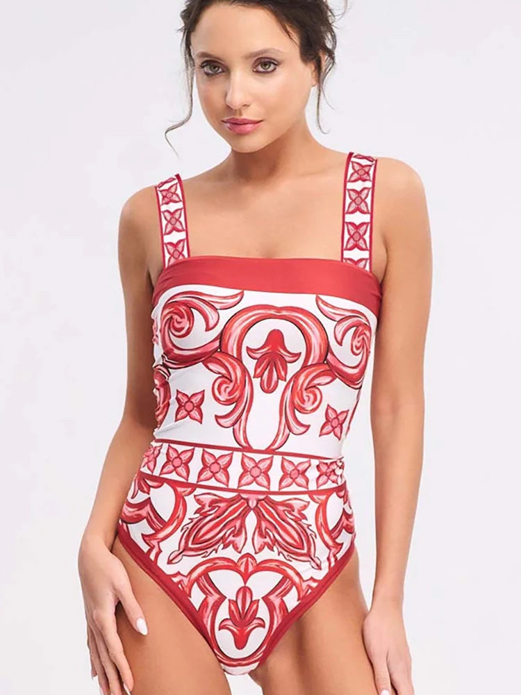 Ethnic Print One-Piece Swimsuit Set