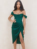 Cap Shoulder Corset Bodycon Midi Dress - Dark Green