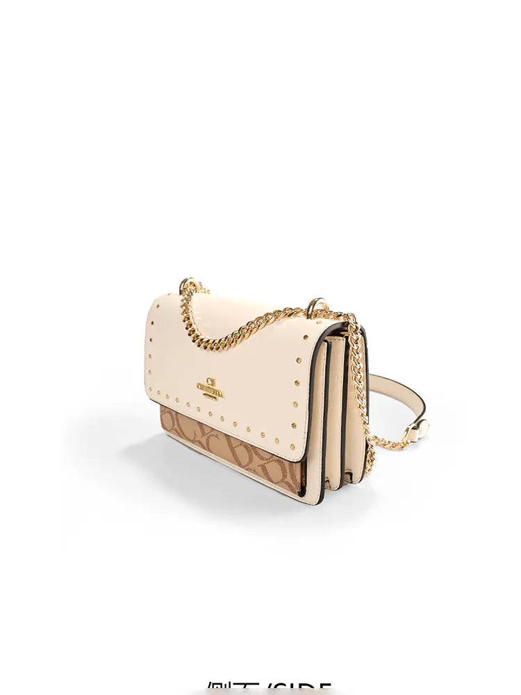 Studded Letter Print Chain Top Handle Bag