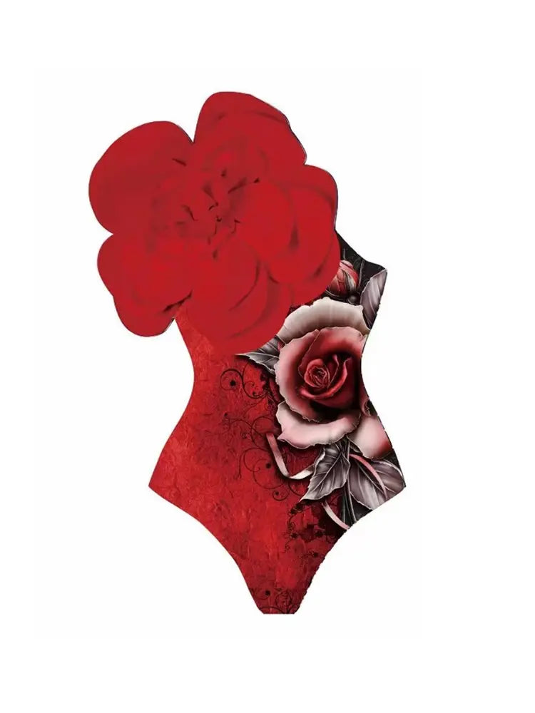 3D Red Floral Bust Accent Printed Swimsuit