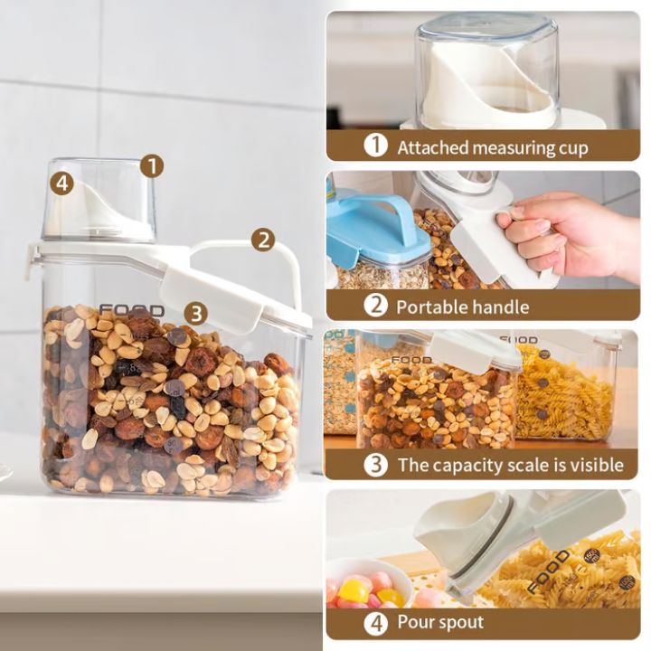 Airtight plastic food storage containers with measuring cup lid, kitchen canisters for rice, grains, beans, and cereals