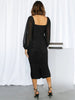 Mesh Pleated Long-Sleeve Midi Dress