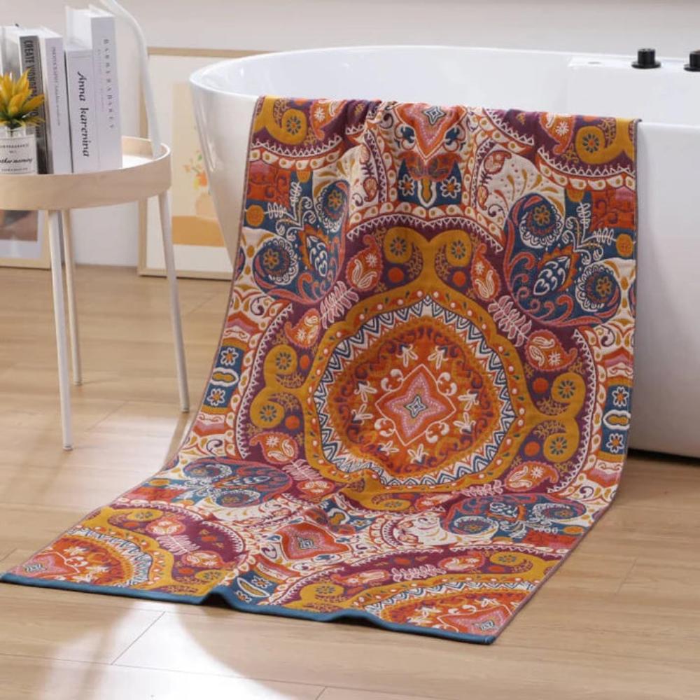 Cotton bathroom towel with colorful bohemian mandala design, soft and absorbent bath towel for daily use