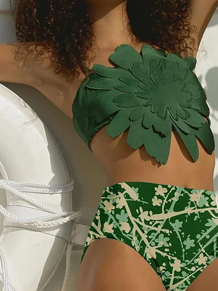 Floral Accent Green Printed Bikini Set