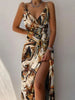 Elegant Unique Printed Spaghetti Strap Pleated Leg Slit Dress