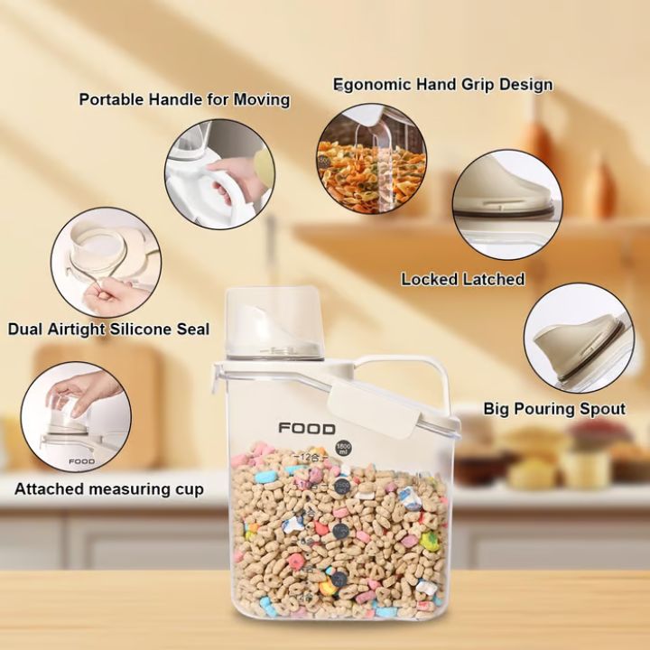 Airtight plastic food storage containers with measuring cup lid, kitchen canisters for rice, grains, beans, and cereals