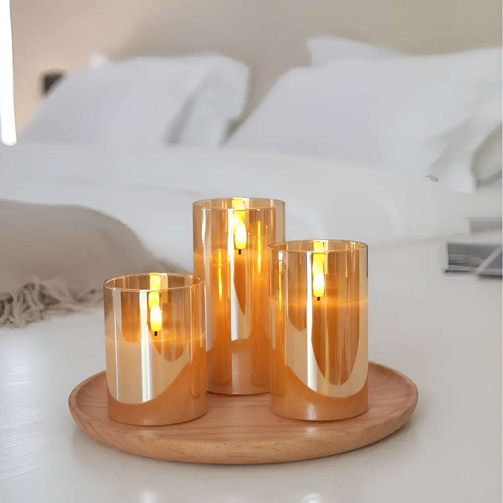 Set of flameless LED pillar candles with frosted glass, realistic battery-operated candles for home decor and ambient lighting