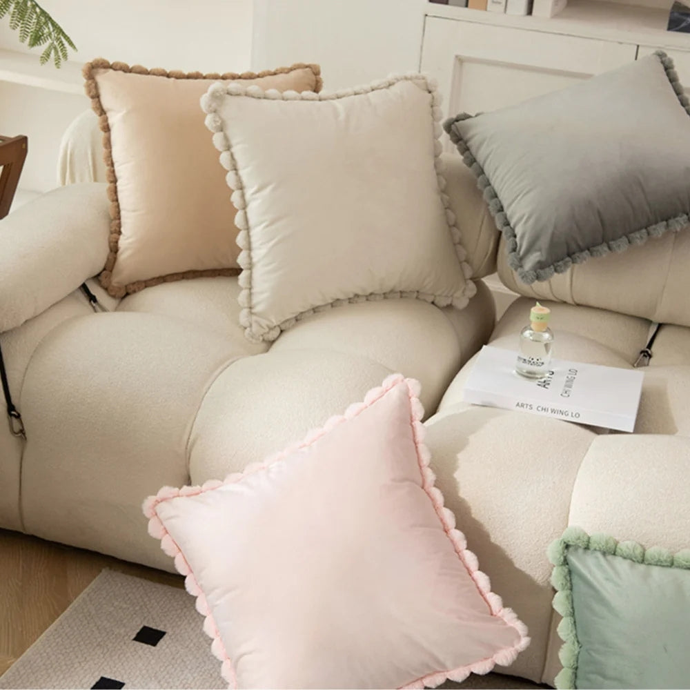 Velvet Pom-Pom Trim Cushion Cover