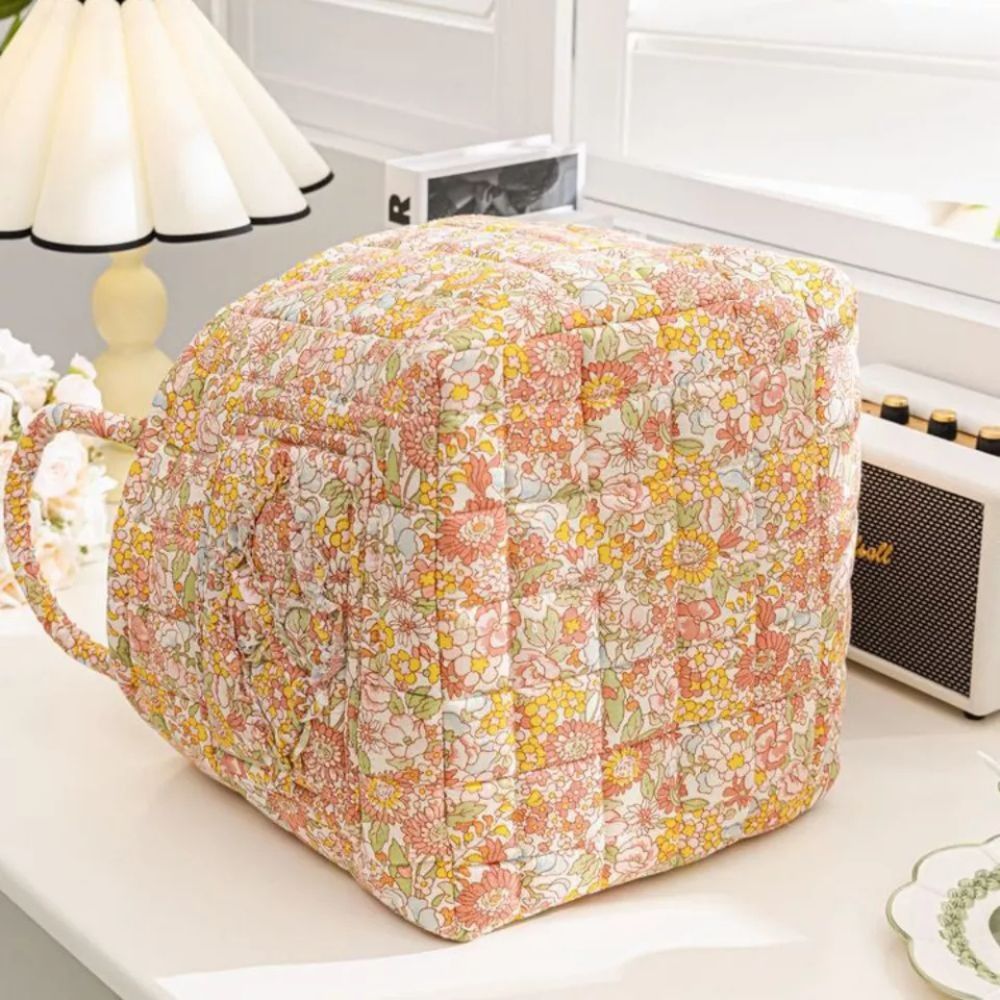 Vintage floral fabric storage basket with handles, quilted collapsible organizer for home decor and storage