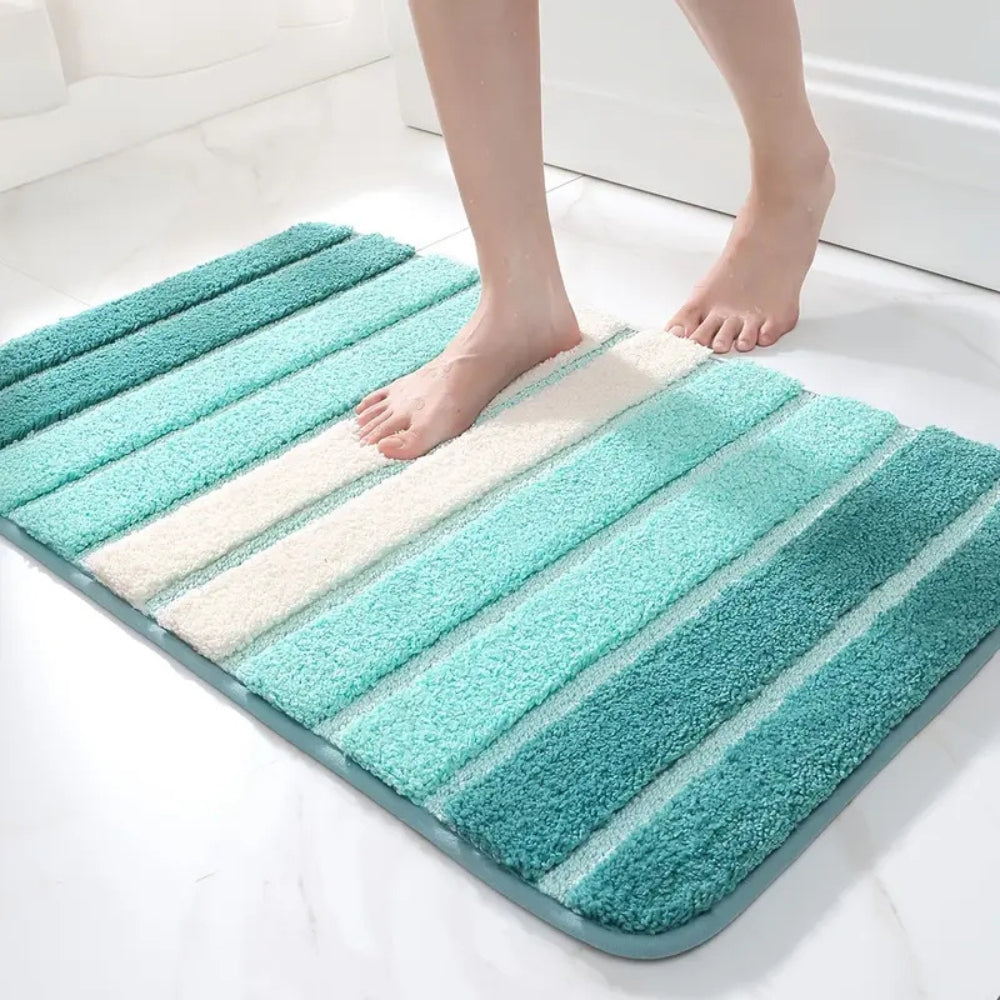 Soft striped gray bath mat with non-slip backing, absorbent plush bathroom rug for shower and tub area