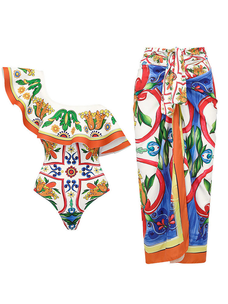 Ruffle Enamel Floral Bikini Swimsuit Set
