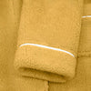 Couple wearing matching long yellow fleece bathrobes with shawl collars, front pockets, and waist belts, cozy winter loungewear