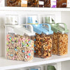Airtight plastic food storage containers with measuring cup lid, kitchen canisters for rice, grains, beans, and cereals