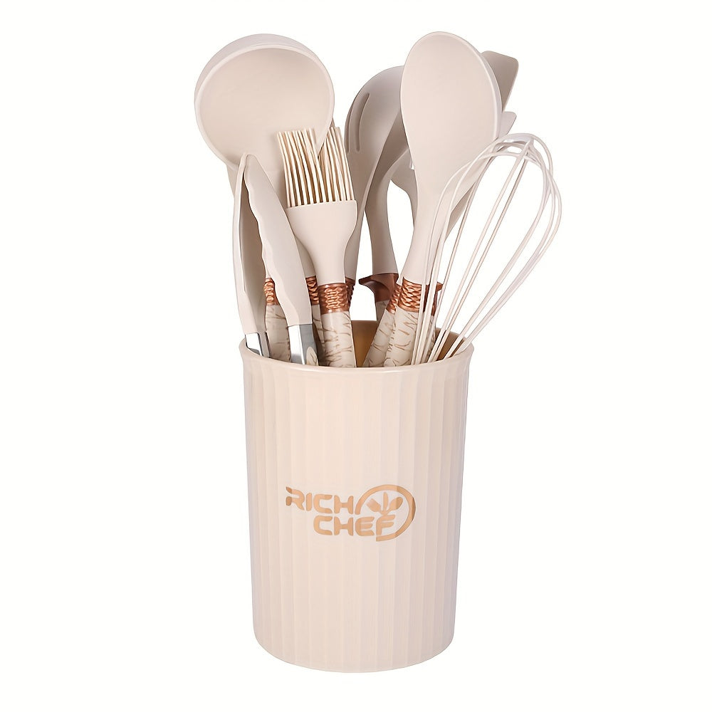 12-piece Nordic kitchen utensil set with non-stick silicone tools and wooden handles, heat-resistant cooking spoons, spatulas, and whisk