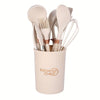 12-piece Nordic kitchen utensil set with non-stick silicone tools and wooden handles, heat-resistant cooking spoons, spatulas, and whisk