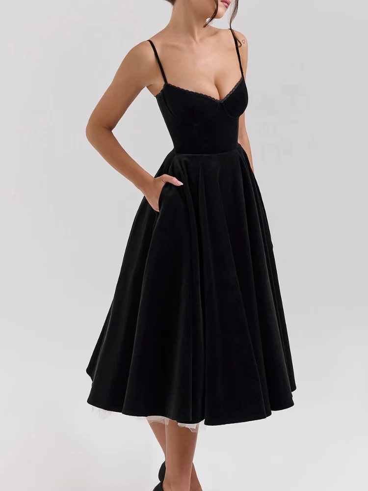 Black Velvet Tulle Midi Dress