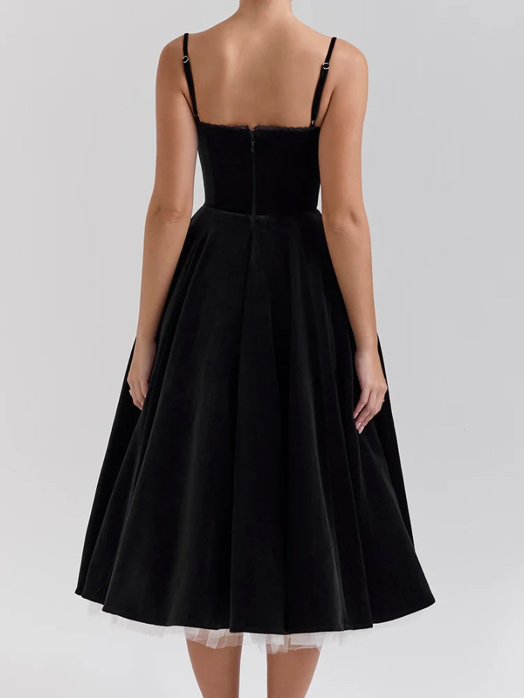 Black Velvet Tulle Midi Dress