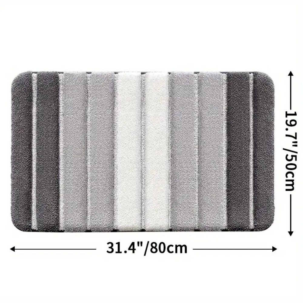 Soft striped gray bath mat with non-slip backing, absorbent plush bathroom rug for shower and tub area