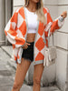 V-neck Diamond Check Patchwork Loose Knit Cardigan