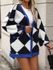 V-neck Diamond Check Patchwork Loose Knit Cardigan