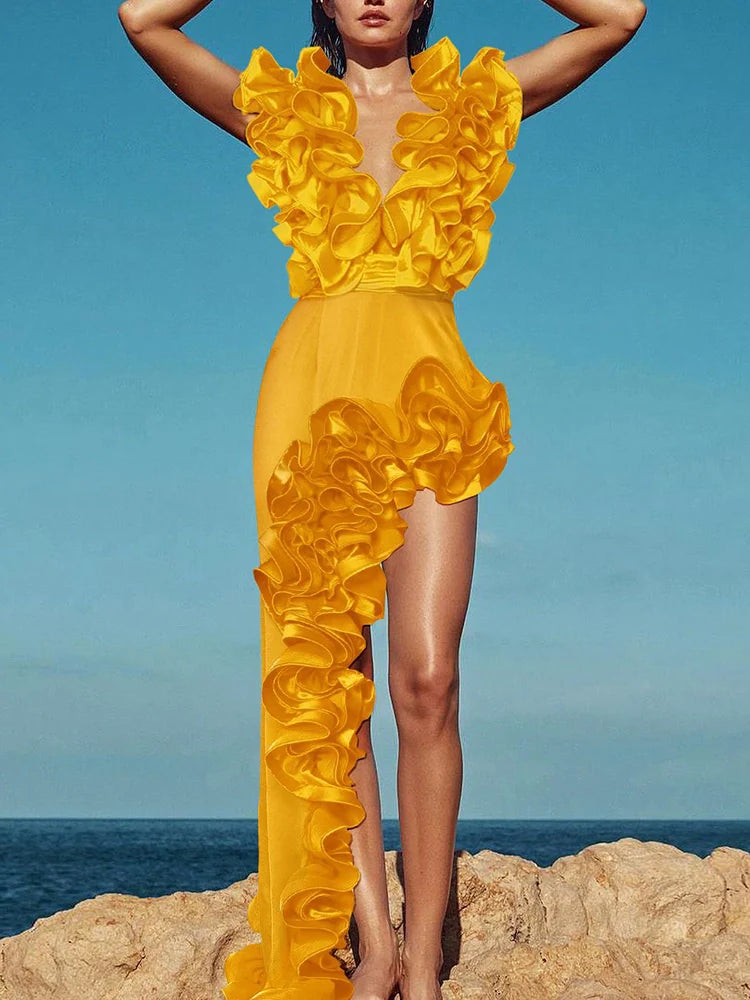 Ruffled V-Neck Yellow Swimsuit