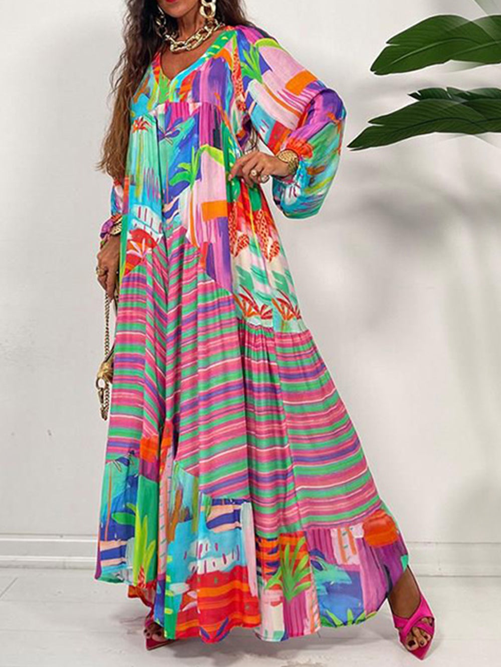 Oversized V-Neck Printed Maxi Dress