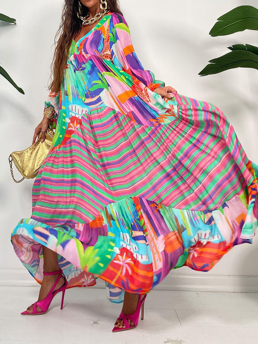 Oversized V-Neck Printed Maxi Dress