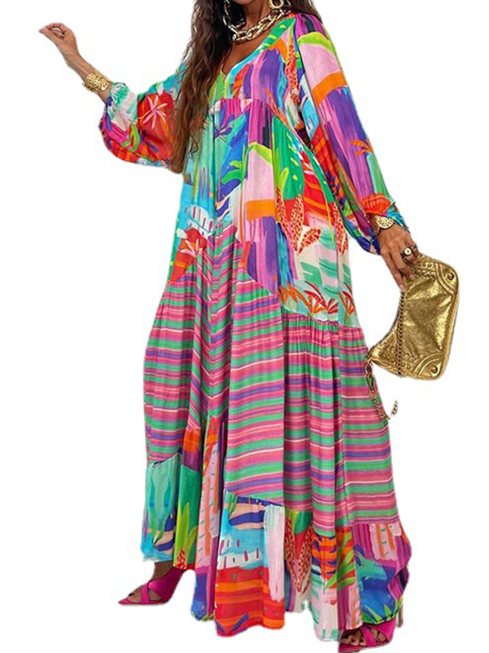 Oversized V-Neck Printed Maxi Dress