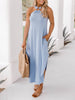 Halter Light Blue Midi Dress with Pocket